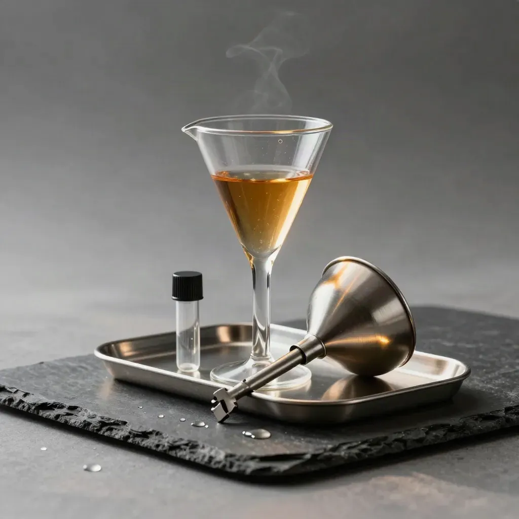 Glass separatory funnel, steel funnel, capped tube, and metal tray on dark slate with vapor.
