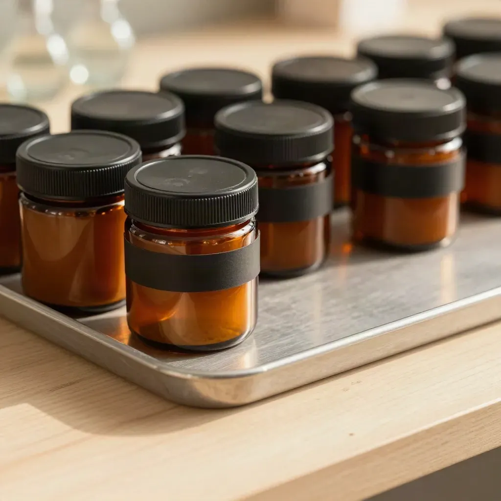 Amber child-resistant jars and a brushed metal tray on pale wood, lit with soft bokeh.