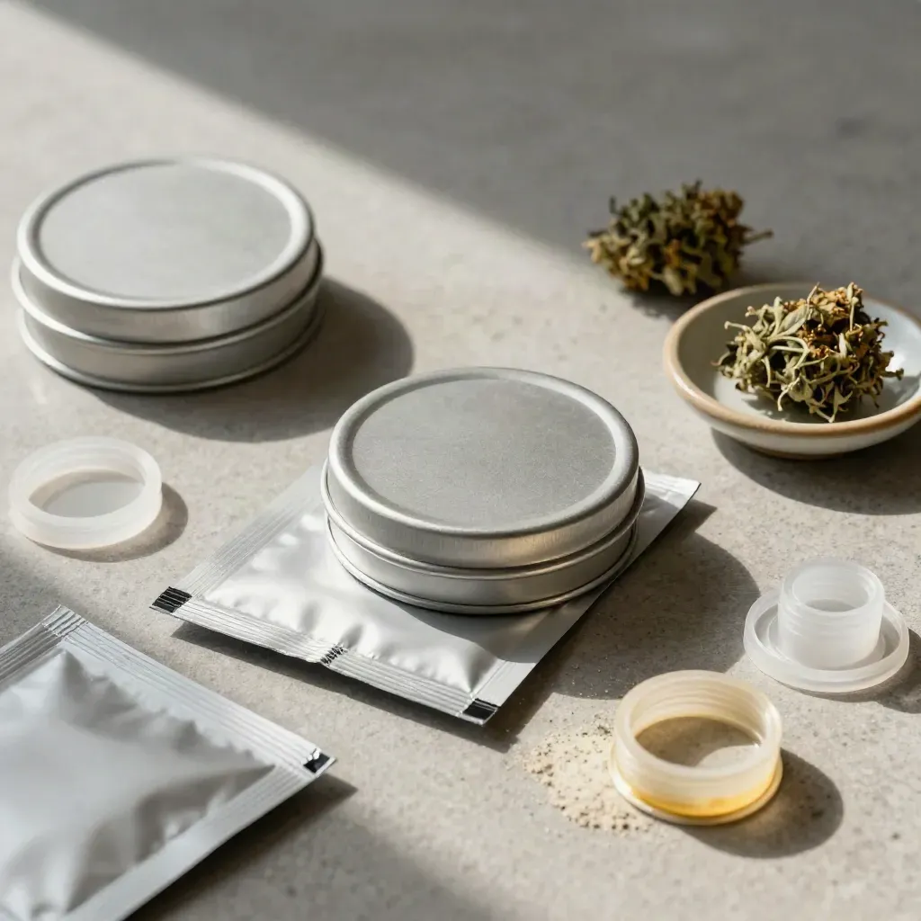 Brushed stone still life with sample tins, foil pouches, dried flower heads, and silicone seals