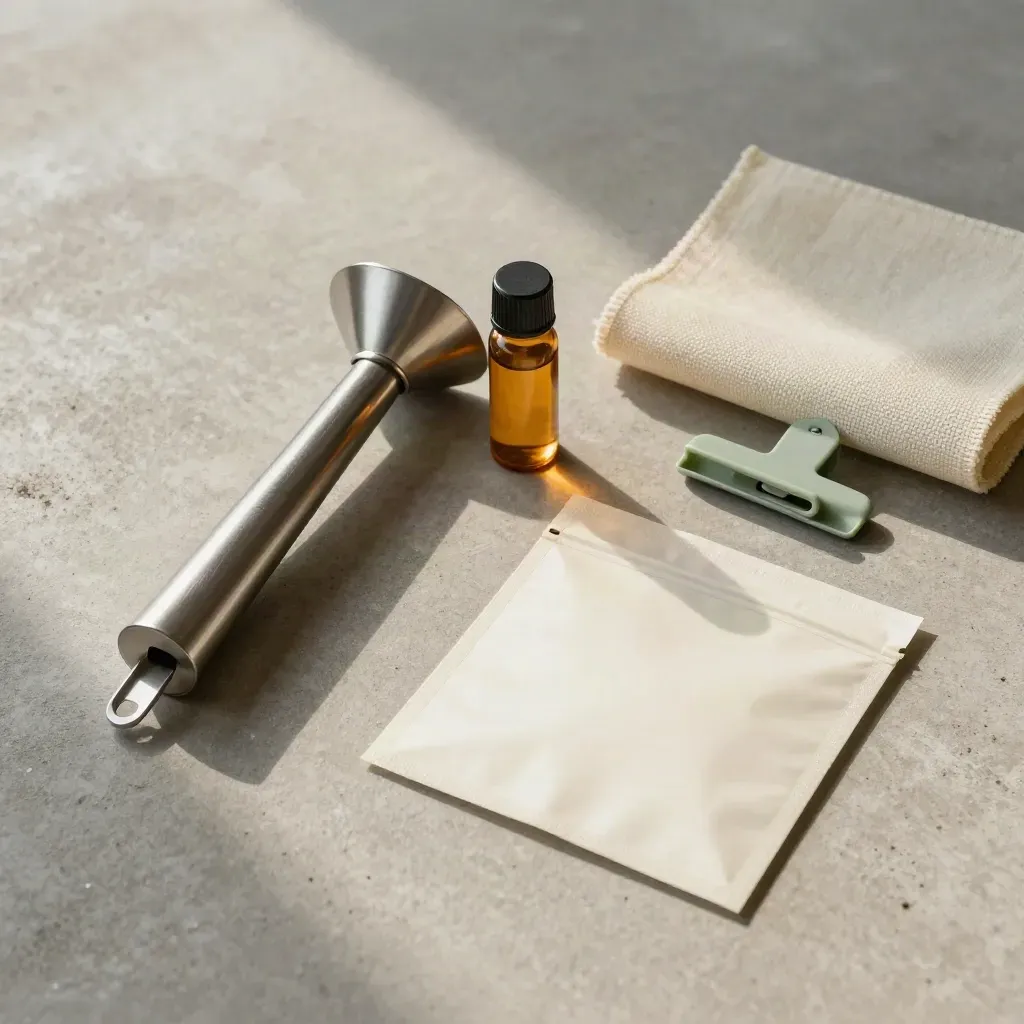 Top-down cannabis greenhouse intake kit on pale concrete with metal corer and amber vial.