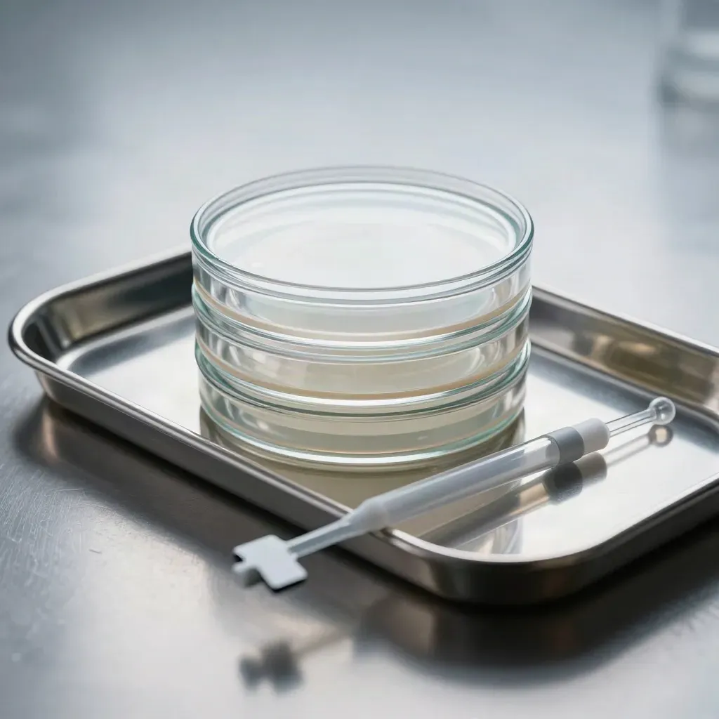 Sterile petri dishes, swab tube, pipette, and tray on brushed aluminum in cool haze.