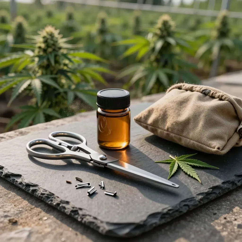 Pruning scissors, sample jar, stem clips and canvas pouch on slate beside blurred green cultivation rows.