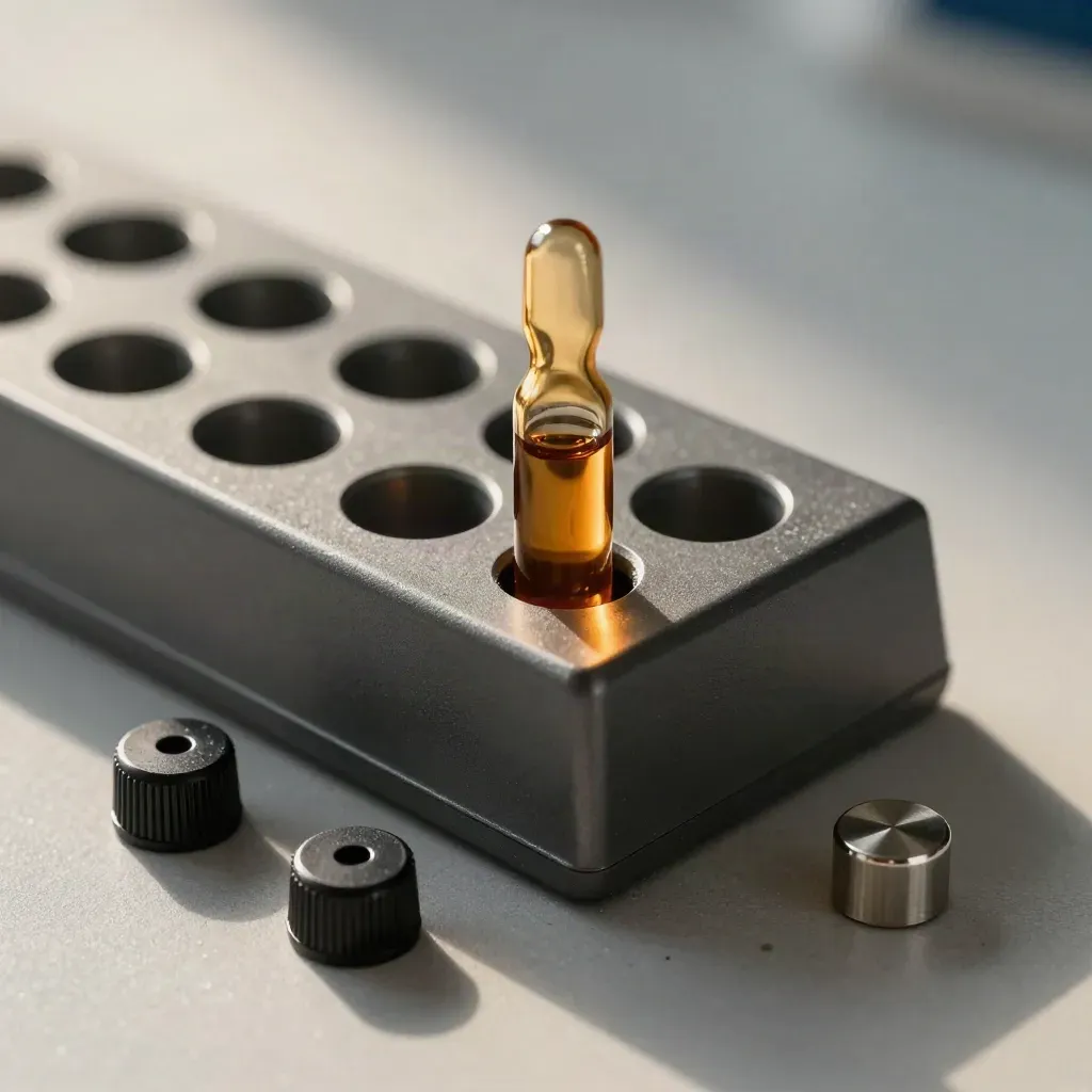 Top-down macro of an HPLC vial rack, amber vial, caps, and calibration weight on graphite.