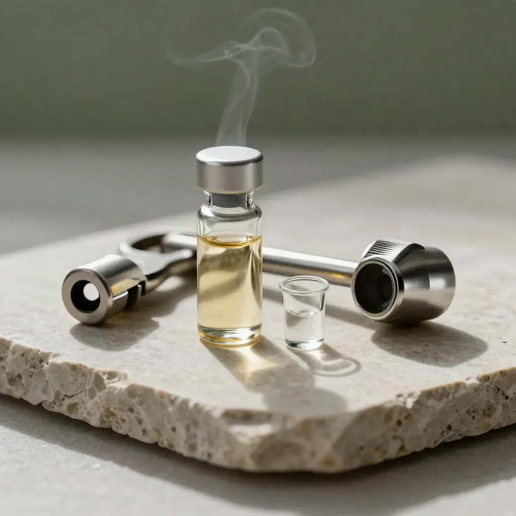 Headspace vial, aroma cup, and steel cap tool on pale stone with faint vapor