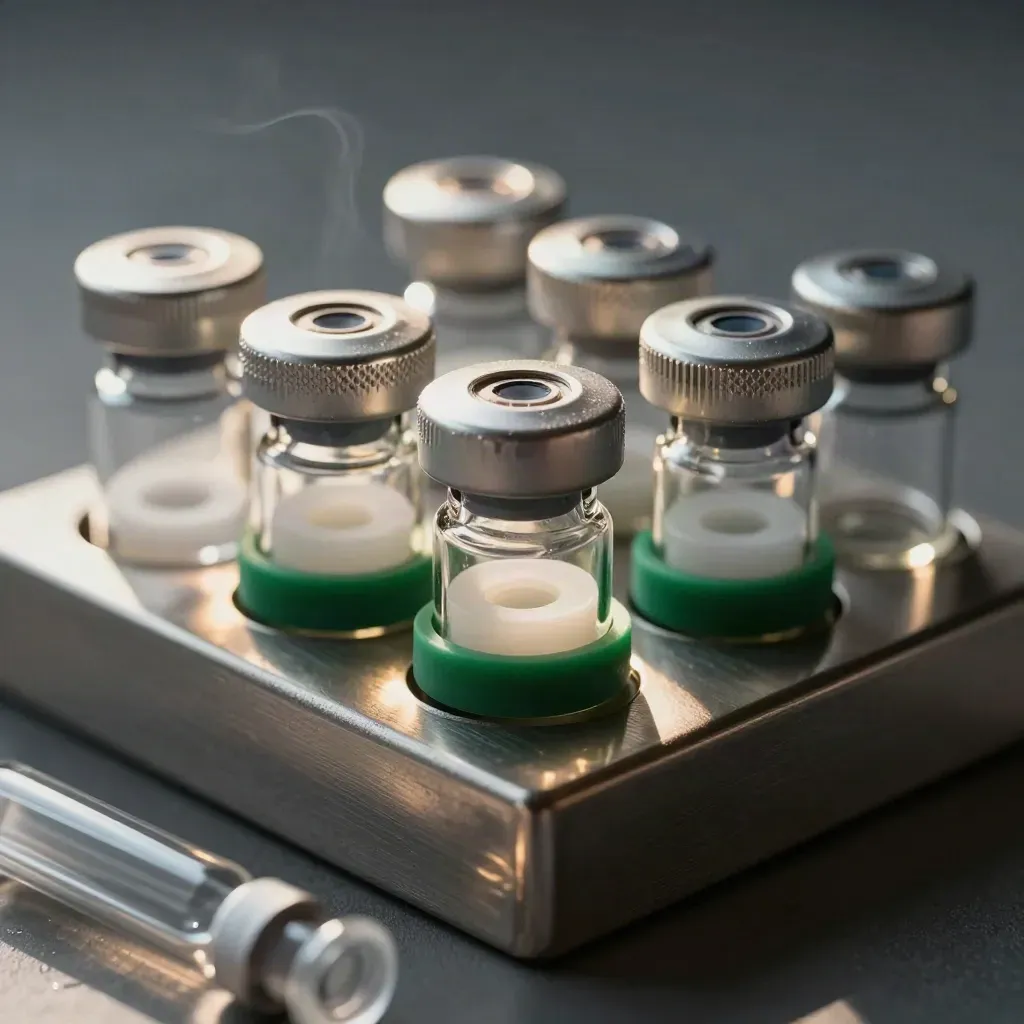 Top-down macro of sealed extraction vials with crimp caps and PTFE disc on brushed steel.