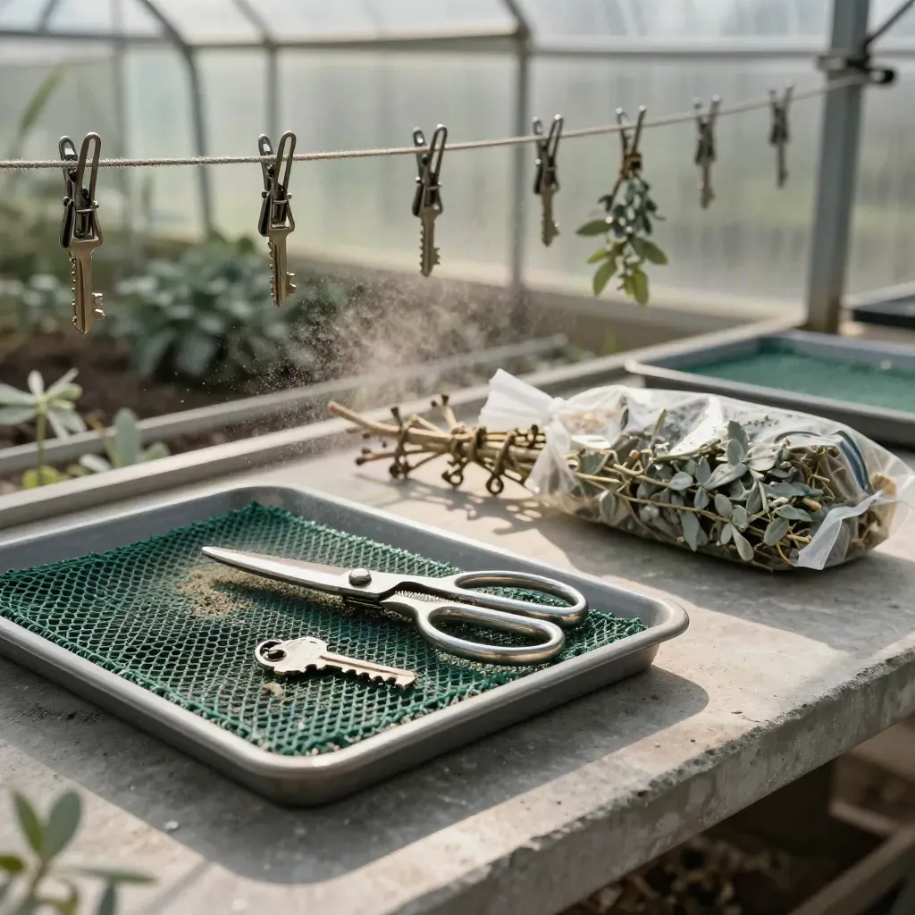 Greenhouse mesh view of trim tray, pruning scissors, rack clips and sealed harvest bag.