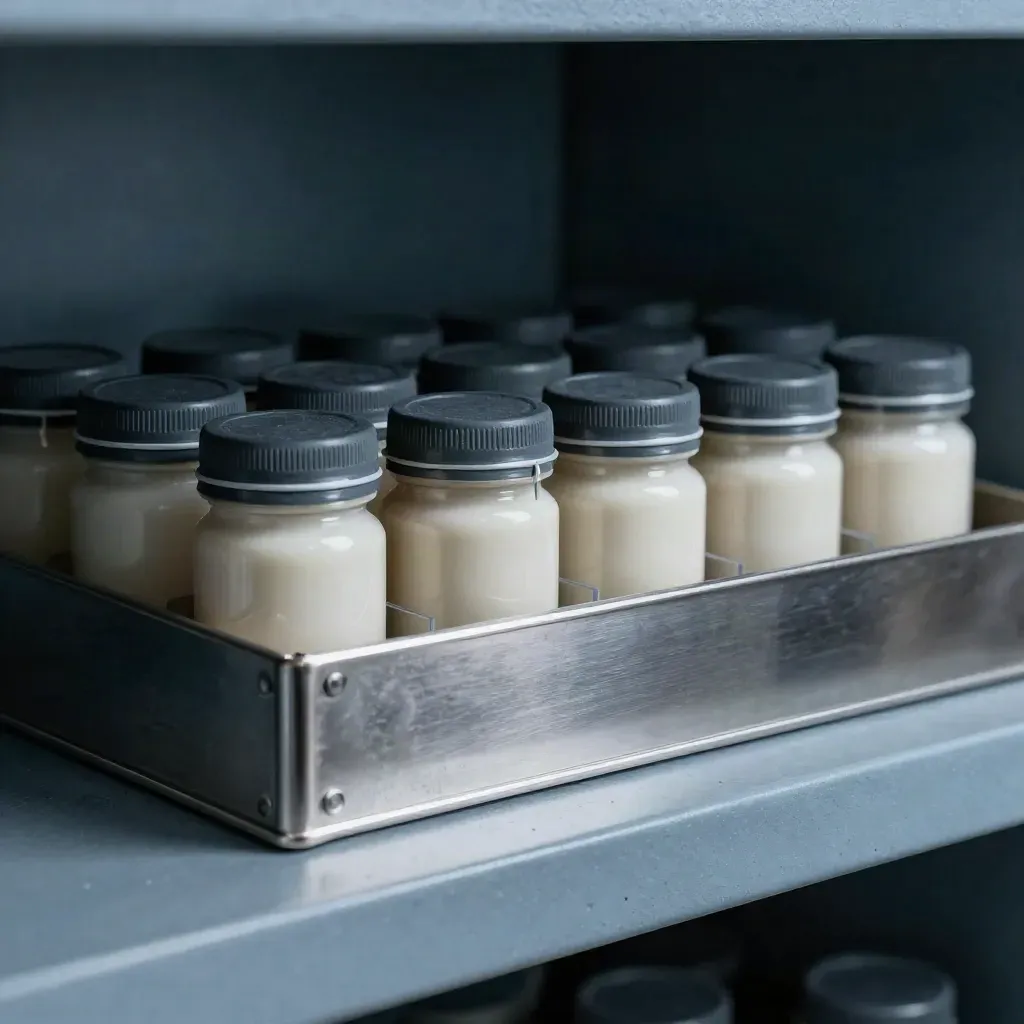 Child-resistant cannabis jars and tamper seals in a lockable tray behind a shelf lip