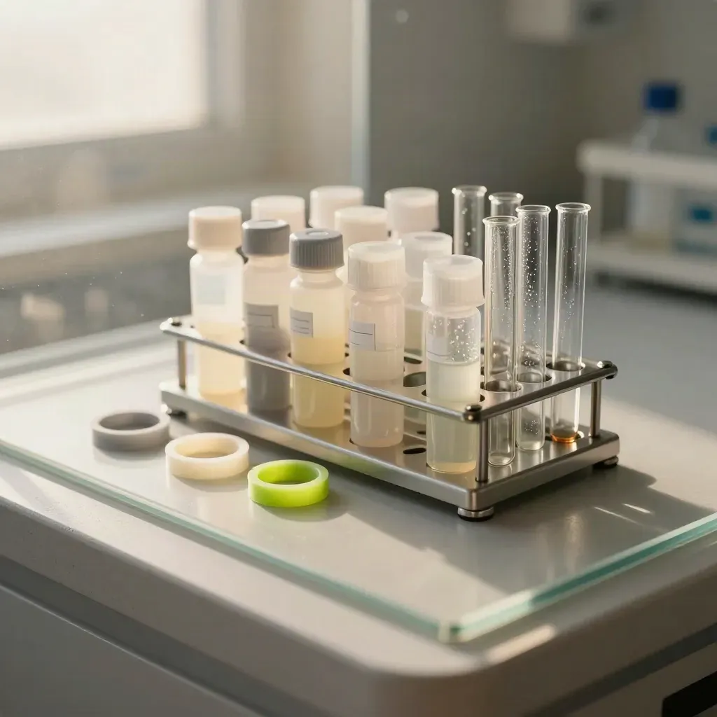 Retention vials and clip rack seen through frosted safety glass on a concrete lab bench.