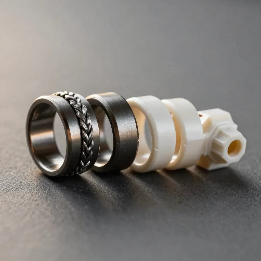 Macro of interlocking connector rings and a braided cable coupler on graphite, lit from above.