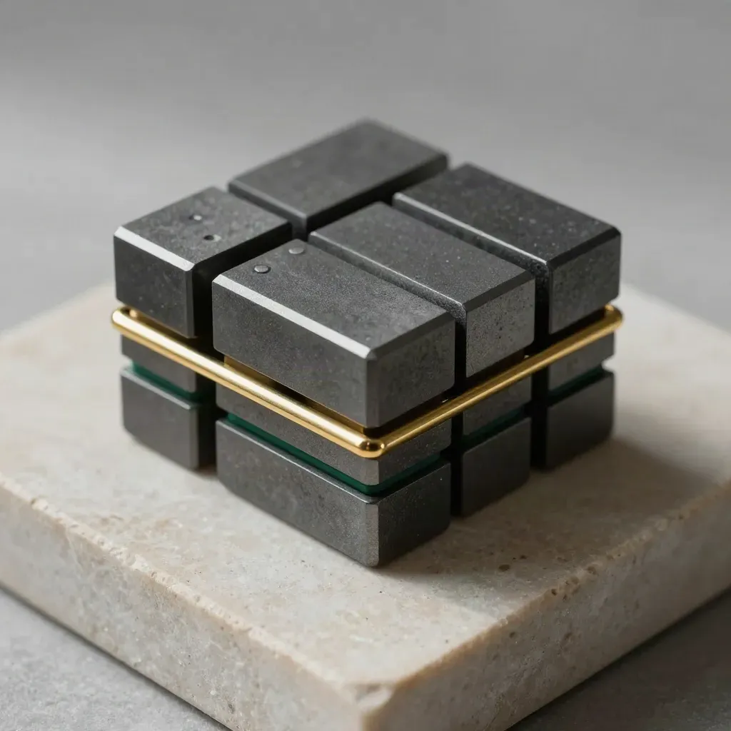 Nested graphite cubes with magnetic spacers and a brass pin on pale stone.