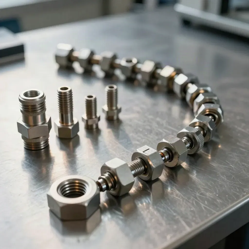 Metal connectors and hex nuts forming a linked chain on brushed steel