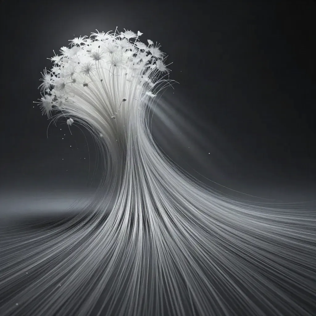 Silver light filaments bloom in graphite haze, leaving calm space for copy.